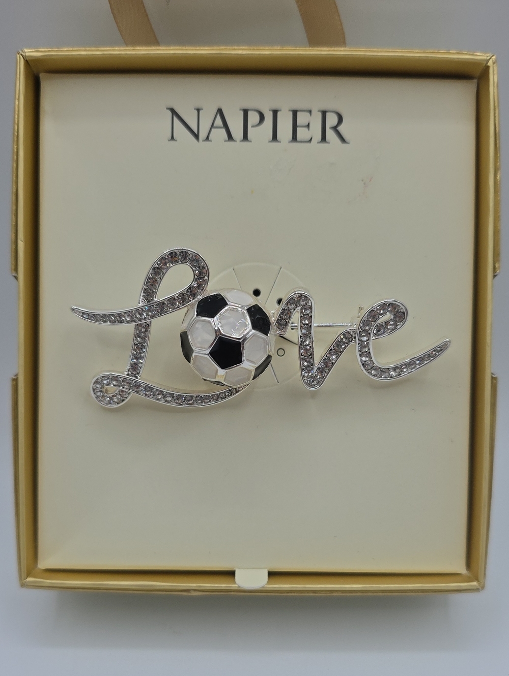 Napier Silver Tone 'Love' Soccer Ball Brooch with Clear Stones